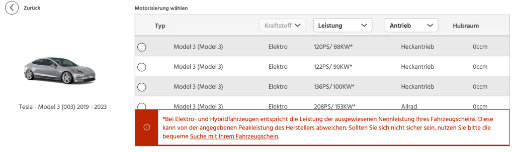 Fahrzeugwahl Nennleistung Peakleistung