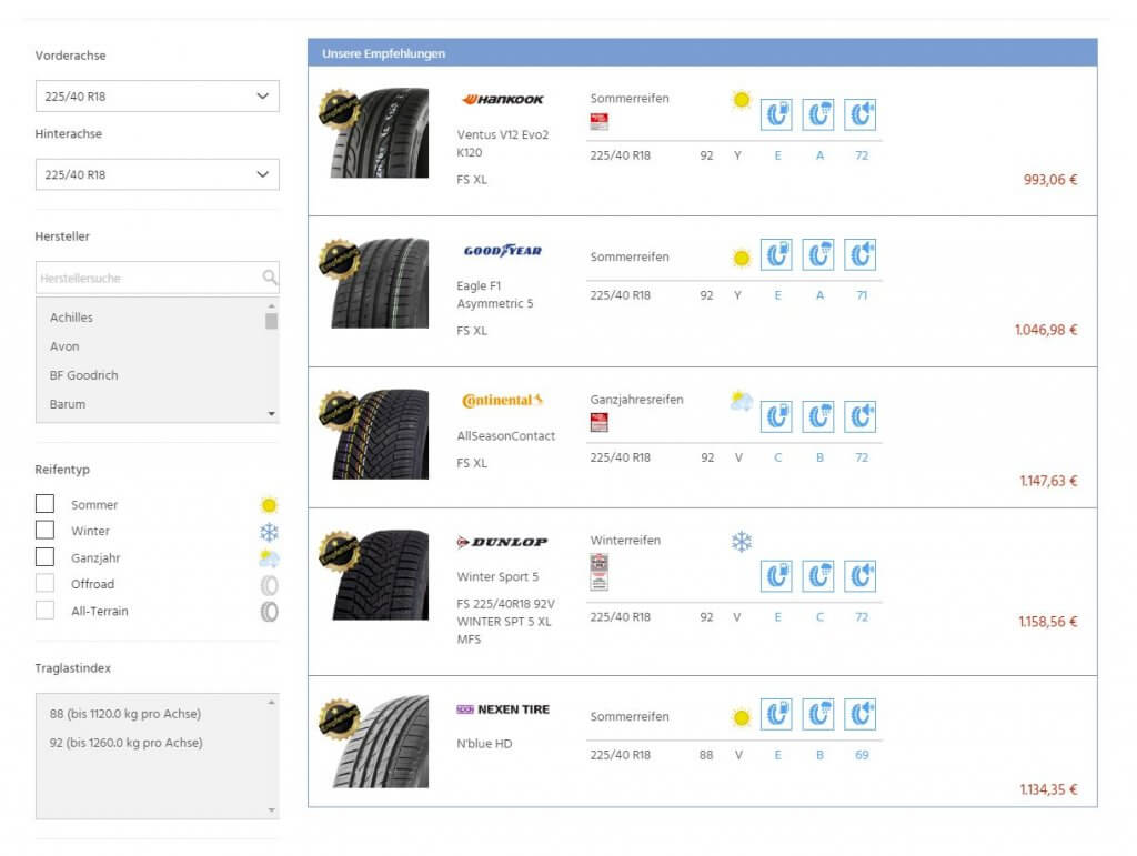 Übersicht der passenden Reifen zur gewählten Felge