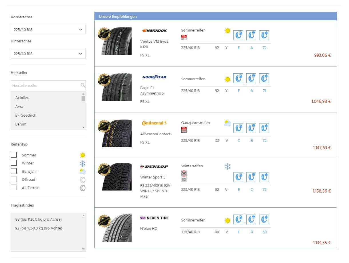 Übersicht der passenden Reifen zur gewählten Felge