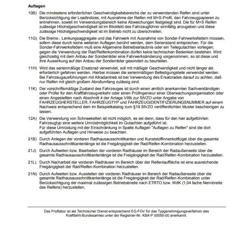 Teilegutachten Ausschnitt Auflagen