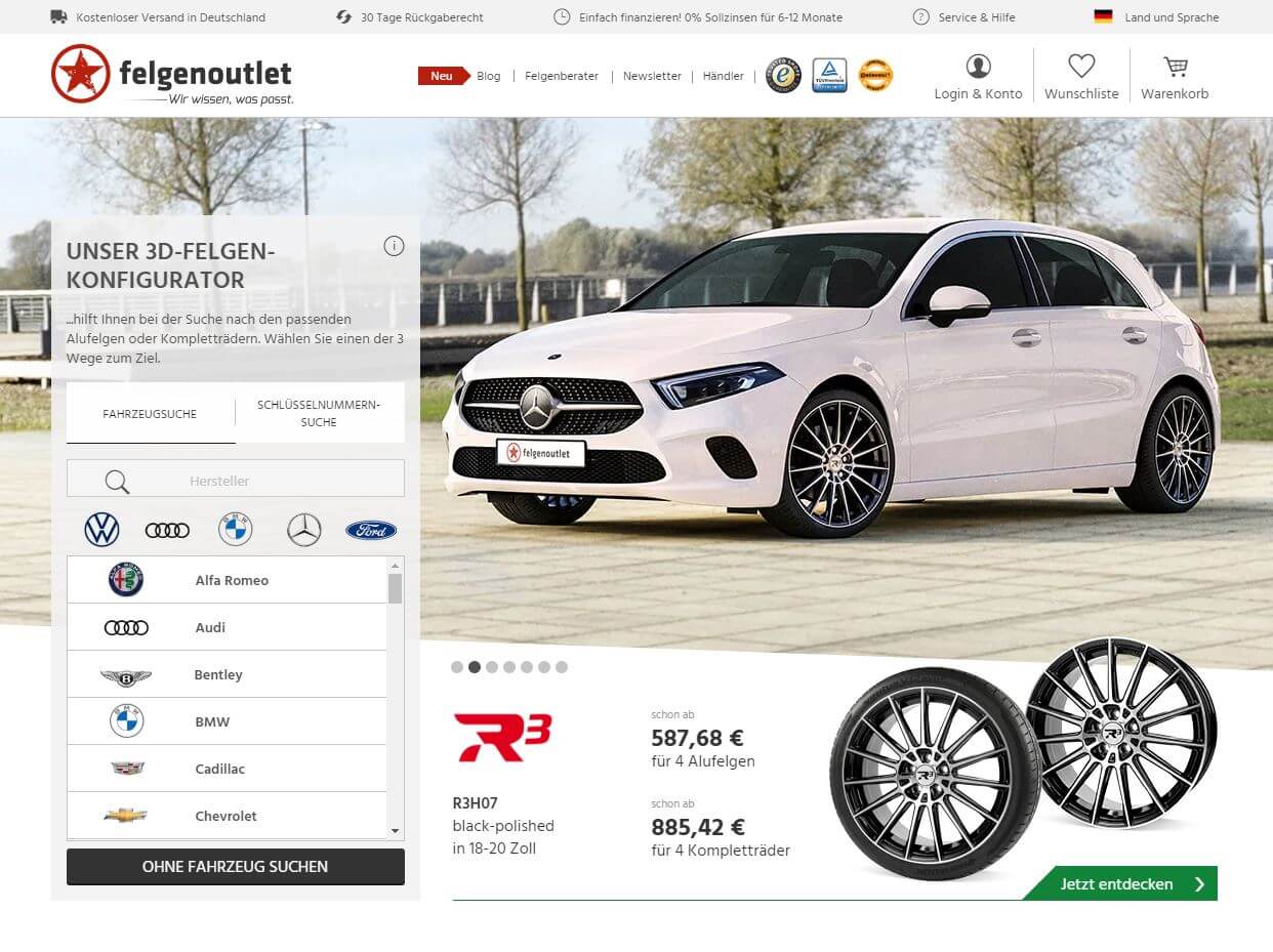 felgenoutlet Startseite mit Fahrzeugauswahl