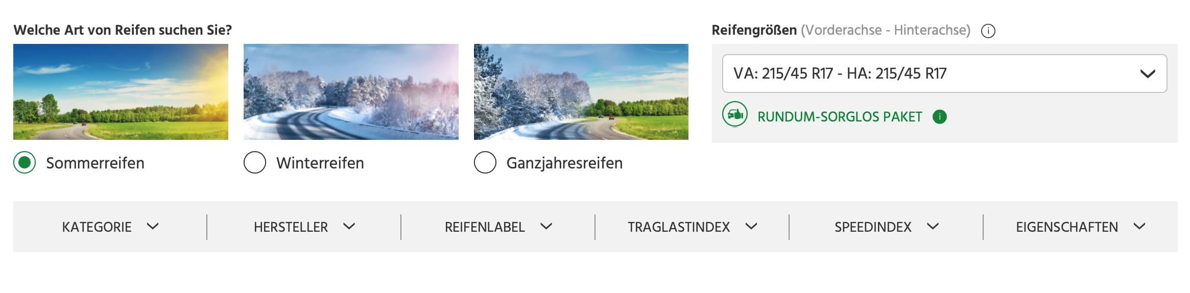 Reifenauswahl Filtermöglichkeiten